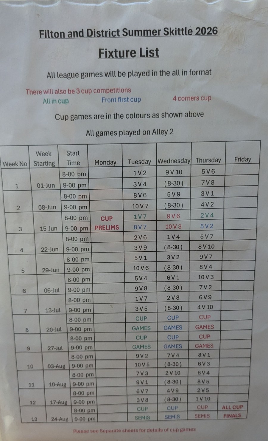 Filton and District Summer Skittle League 2026 fixture list